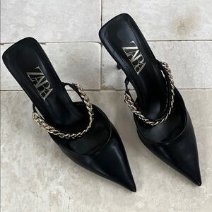 Zara Black Pointed Toe Mules with Gold Chain Strap